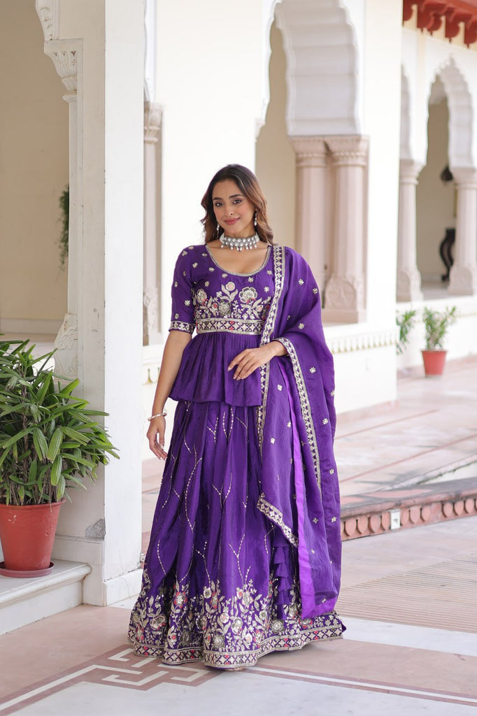 Purple Gold Crush Multi-Thread Embroidered Lehenga Choli Set with Sequins Work & Designer Dupatta – Fully Stitched ClothsVilla