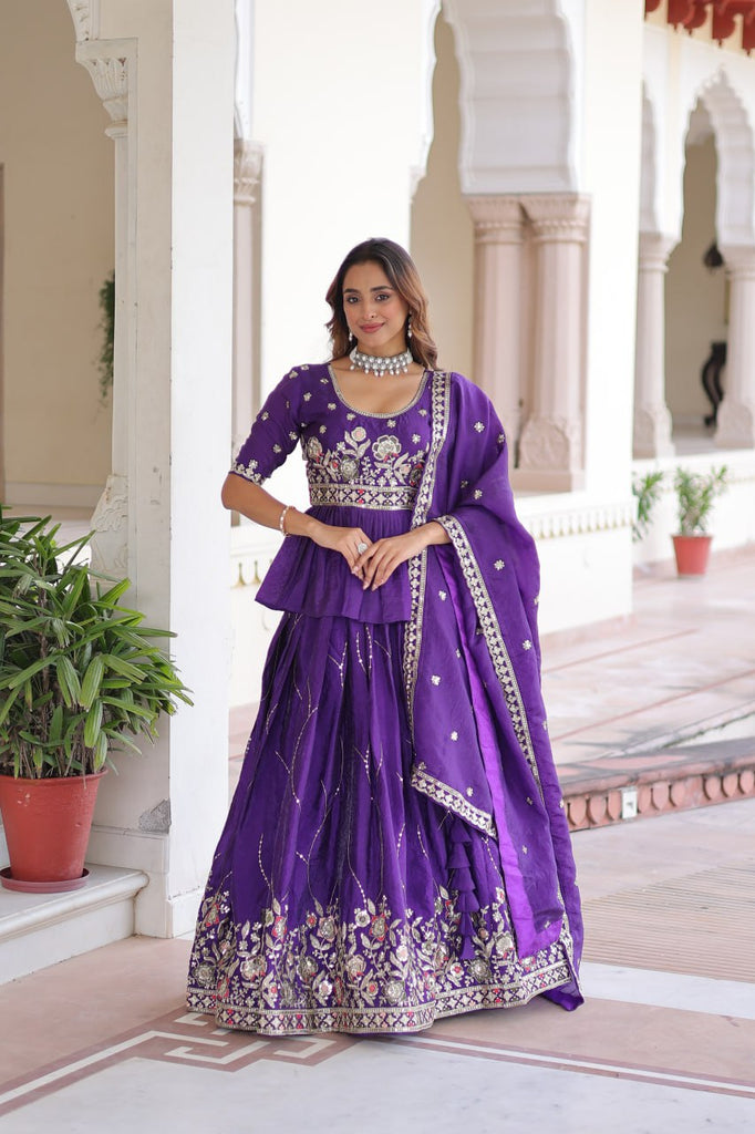 Purple Gold Crush Multi-Thread Embroidered Lehenga Choli Set with Sequins Work & Designer Dupatta – Fully Stitched ClothsVilla