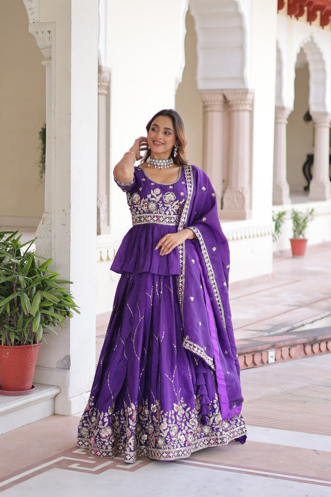 Purple Gold Crush Multi-Thread Embroidered Lehenga Choli Set with Sequins Work & Designer Dupatta – Fully Stitched ClothsVilla