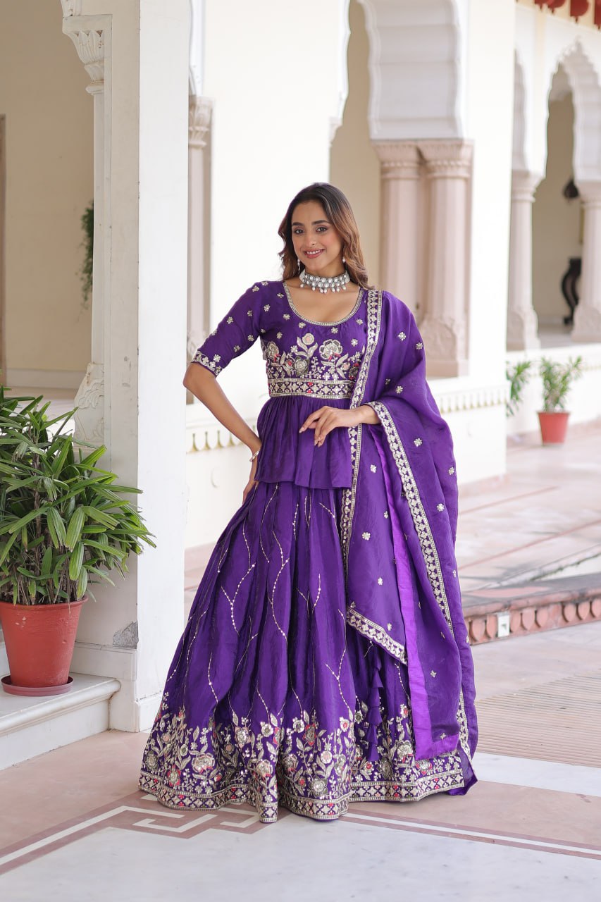Purple Gold Crush Multi-Thread Embroidered Lehenga Choli Set with Sequins Work & Designer Dupatta – Fully Stitched ClothsVilla