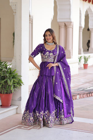 Purple Gold Crush Multi-Thread Embroidered Lehenga Choli Set with Sequins Work & Designer Dupatta – Fully Stitched ClothsVilla