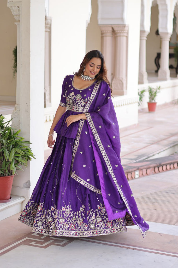 Purple Gold Crush Multi-Thread Embroidered Lehenga Choli Set with Sequins Work & Designer Dupatta – Fully Stitched ClothsVilla