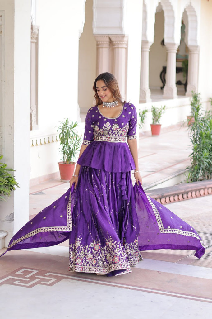 Purple Gold Crush Multi-Thread Embroidered Lehenga Choli Set with Sequins Work & Designer Dupatta – Fully Stitched ClothsVilla