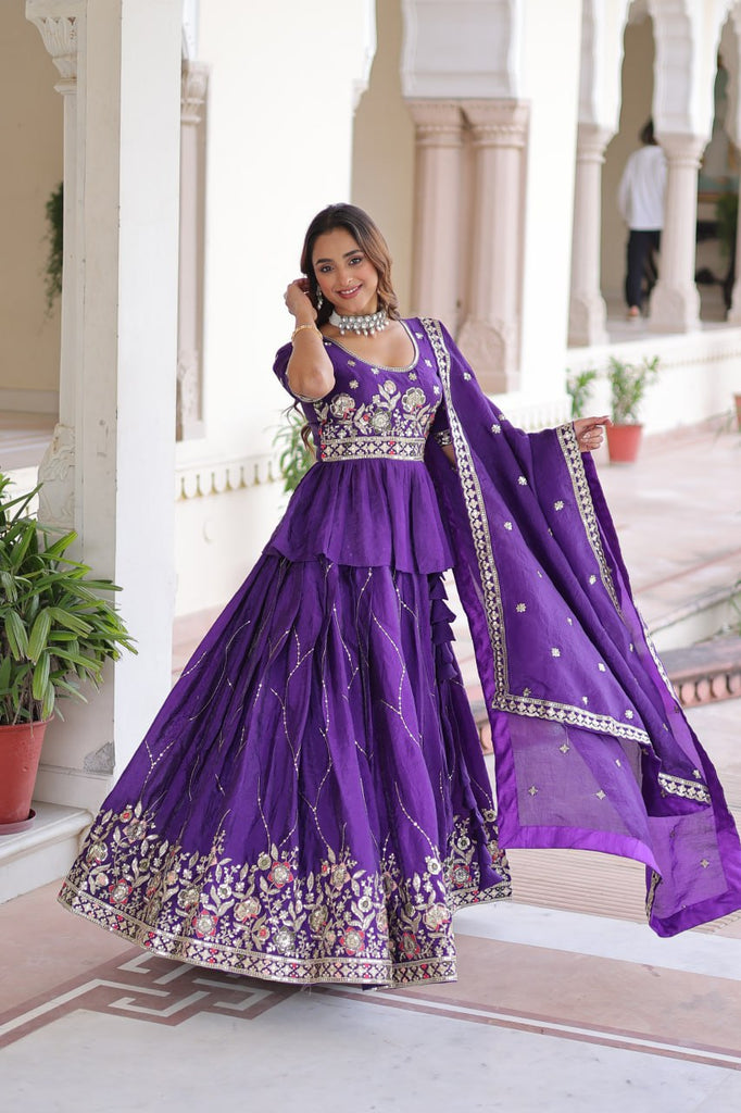 Purple Gold Crush Multi-Thread Embroidered Lehenga Choli Set with Sequins Work & Designer Dupatta – Fully Stitched ClothsVilla