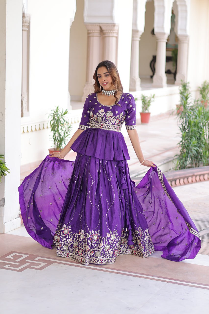 Purple Gold Crush Multi-Thread Embroidered Lehenga Choli Set with Sequins Work & Designer Dupatta – Fully Stitched ClothsVilla