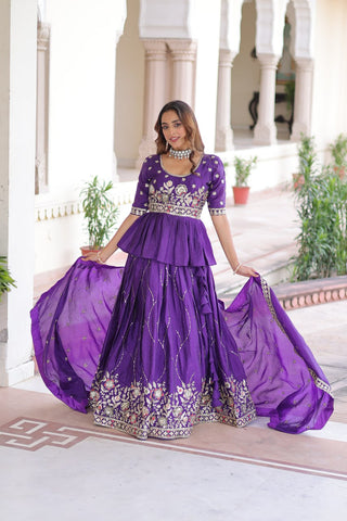 Purple Gold Crush Multi-Thread Embroidered Lehenga Choli Set with Sequins Work & Designer Dupatta – Fully Stitched ClothsVilla