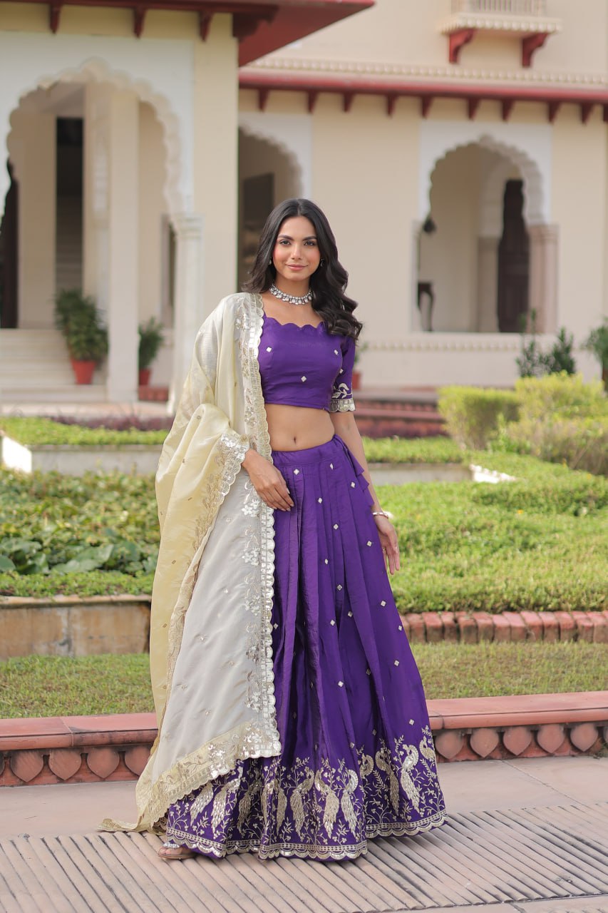 Purple Gold Crush Sequins & Zari Embroidered Lehenga Set with 3-Meter Flair, Heavy Dupatta & Unstitched Designer Blouse – Fully Stitched Festive & Wedding Wear Ensemble ClothsVilla Main image