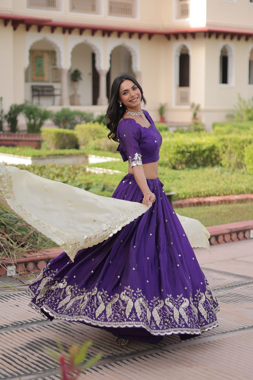 Purple Gold Crush Sequins & Zari Embroidered Lehenga Set with 3-Meter Flair, Heavy Dupatta & Unstitched Designer Blouse – Fully Stitched Festive & Wedding Wear Ensemble ClothsVilla
