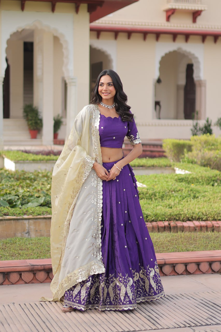 Purple Gold Crush Sequins & Zari Embroidered Lehenga Set with 3-Meter Flair, Heavy Dupatta & Unstitched Designer Blouse – Fully Stitched Festive & Wedding Wear Ensemble ClothsVilla