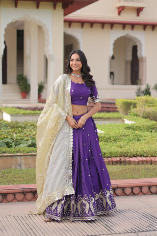 Purple Gold Crush Sequins & Zari Embroidered Lehenga Set with 3-Meter Flair, Heavy Dupatta & Unstitched Designer Blouse – Fully Stitched Festive & Wedding Wear Ensemble ClothsVilla