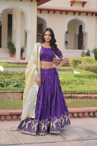 Purple Gold Crush Sequins & Zari Embroidered Lehenga Set with 3-Meter Flair, Heavy Dupatta & Unstitched Designer Blouse – Fully Stitched Festive & Wedding Wear Ensemble ClothsVilla