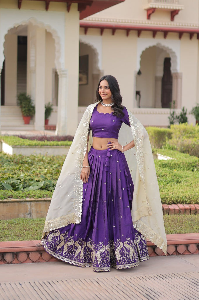 Purple Gold Crush Sequins & Zari Embroidered Lehenga Set with 3-Meter Flair, Heavy Dupatta & Unstitched Designer Blouse – Fully Stitched Festive & Wedding Wear Ensemble ClothsVilla