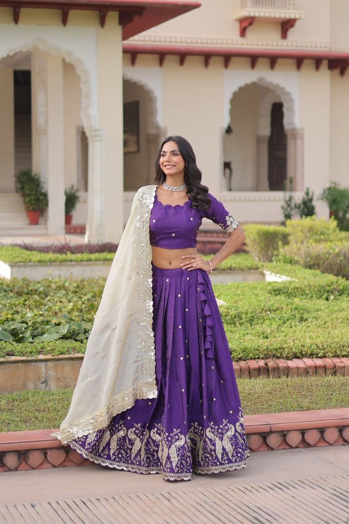 Purple Gold Crush Sequins & Zari Embroidered Lehenga Set with 3-Meter Flair, Heavy Dupatta & Unstitched Designer Blouse – Fully Stitched Festive & Wedding Wear Ensemble ClothsVilla
