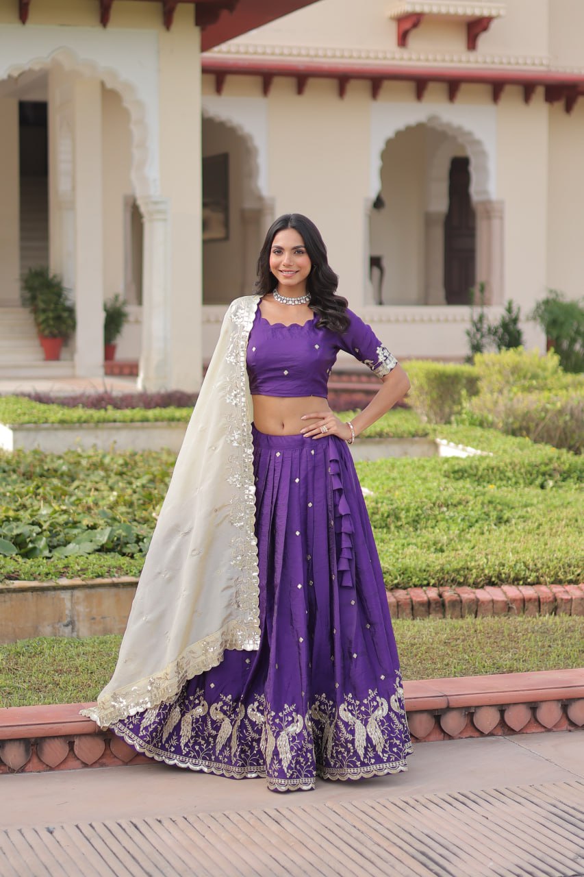 Purple Gold Crush Sequins & Zari Embroidered Lehenga Set with 3-Meter Flair, Heavy Dupatta & Unstitched Designer Blouse – Fully Stitched Festive & Wedding Wear Ensemble ClothsVilla