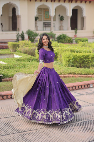 Purple Gold Crush Sequins & Zari Embroidered Lehenga Set with 3-Meter Flair, Heavy Dupatta & Unstitched Designer Blouse – Fully Stitched Festive & Wedding Wear Ensemble ClothsVilla