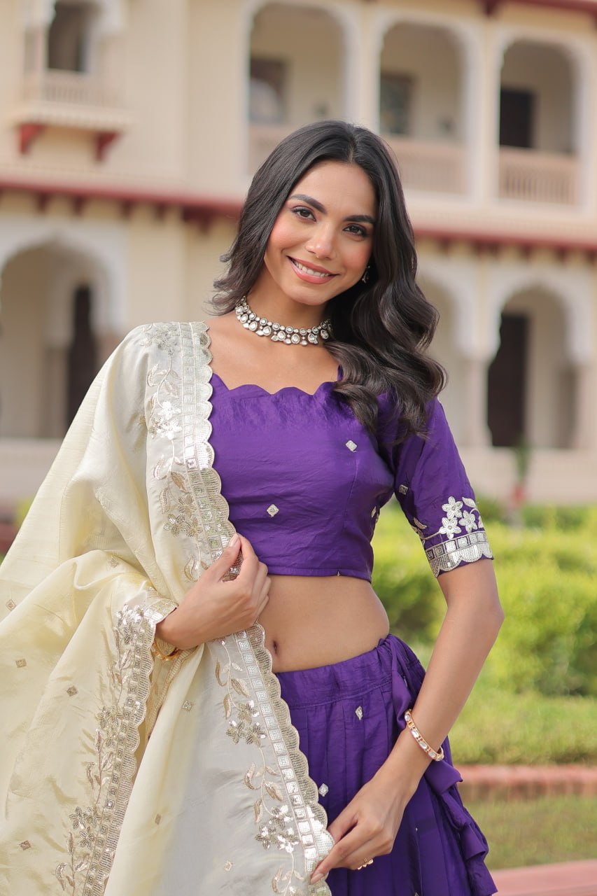 Purple Gold Crush Sequins & Zari Embroidered Lehenga Set with 3-Meter Flair, Heavy Dupatta & Unstitched Designer Blouse – Fully Stitched Festive & Wedding Wear Ensemble ClothsVilla