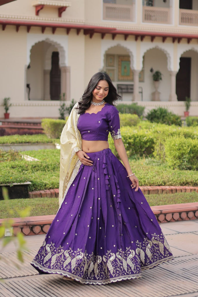 Purple Gold Crush Sequins & Zari Embroidered Lehenga Set with 3-Meter Flair, Heavy Dupatta & Unstitched Designer Blouse – Fully Stitched Festive & Wedding Wear Ensemble ClothsVilla