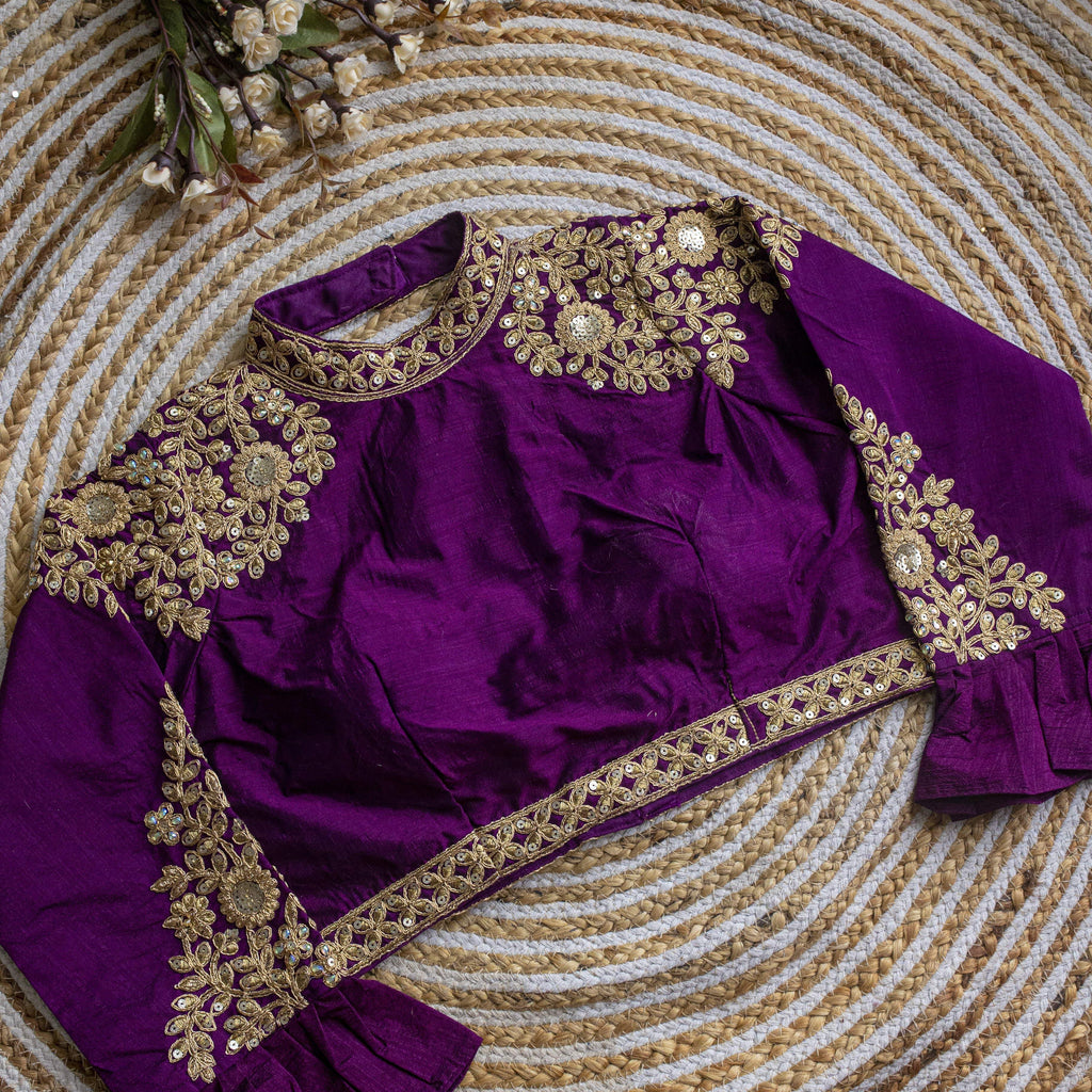 Purple Golden Sequence Embroidered Blouse in glossy silk ClothsVilla