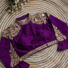 Load image into Gallery viewer, Purple Golden Sequence Embroidered Blouse in glossy silk ClothsVilla