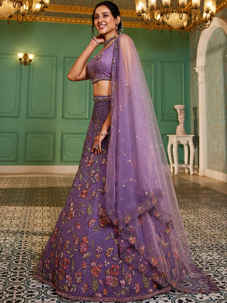 Purple Gorgeous Net Lehenga Choli Set with Heavy Sequins and Thread Embroidery ClothsVilla