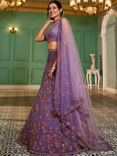 Purple Gorgeous Net Lehenga Choli Set with Heavy Sequins and Thread Embroidery ClothsVilla