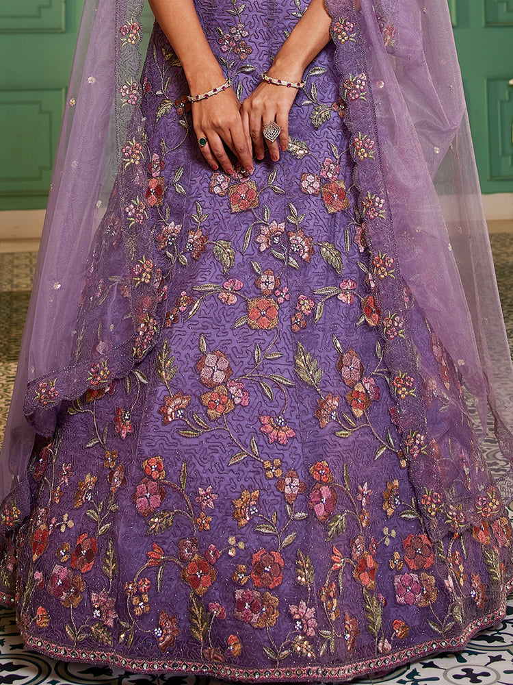 Purple Gorgeous Net Lehenga Choli Set with Heavy Sequins and Thread Embroidery ClothsVilla