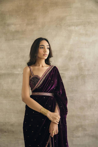 Purple Gorgeous Velvet Saree with Sequin, Dori & Thread Work – Unstitched Blouse & Belt ClothsVilla