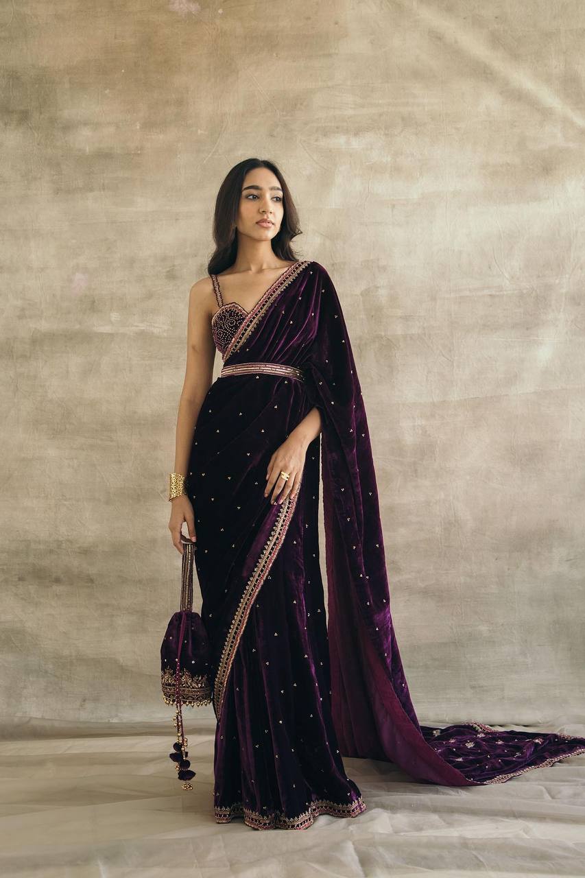 Purple Gorgeous Velvet Saree with Sequin, Dori & Thread Work – Unstitched Blouse & Belt ClothsVilla