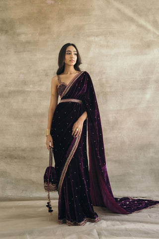 Purple Gorgeous Velvet Saree with Sequin, Dori & Thread Work – Unstitched Blouse & Belt ClothsVilla
