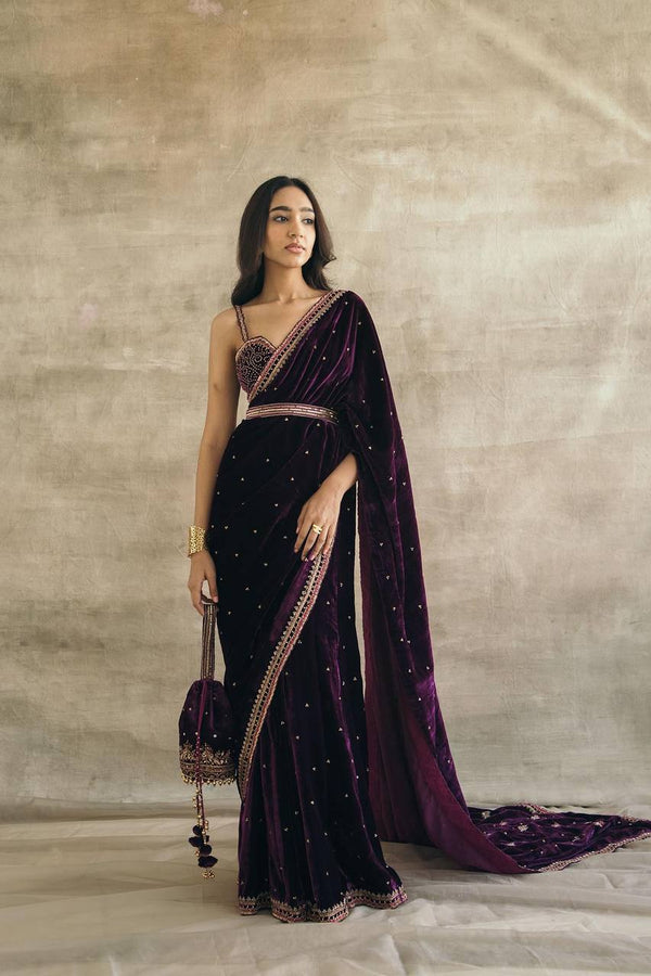Purple Gorgeous Velvet Saree with Sequin, Dori & Thread Work – Unstitched Blouse & Belt ClothsVilla