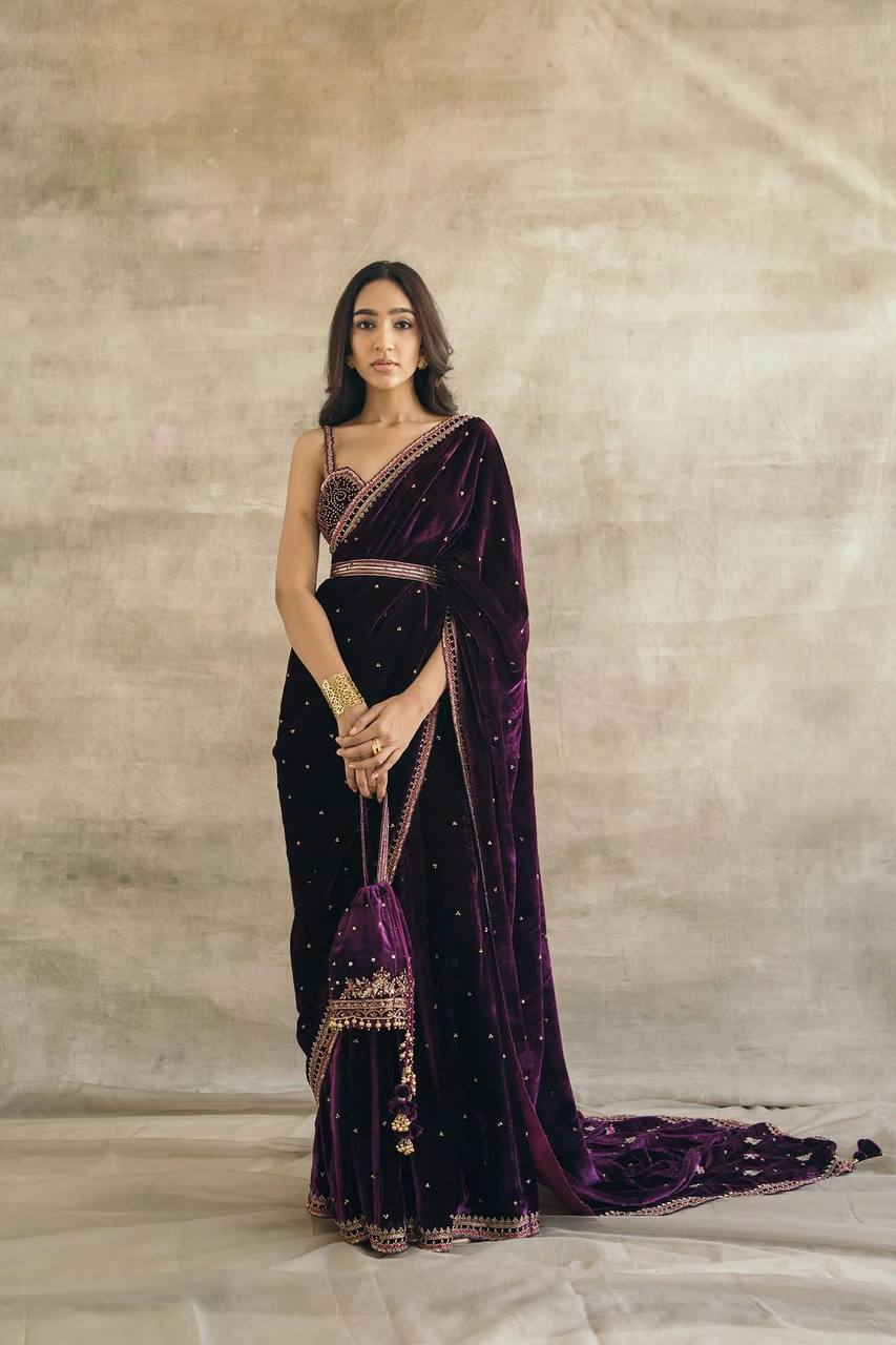 Purple Gorgeous Velvet Saree with Sequin, Dori & Thread Work – Unstitched Blouse & Belt ClothsVilla