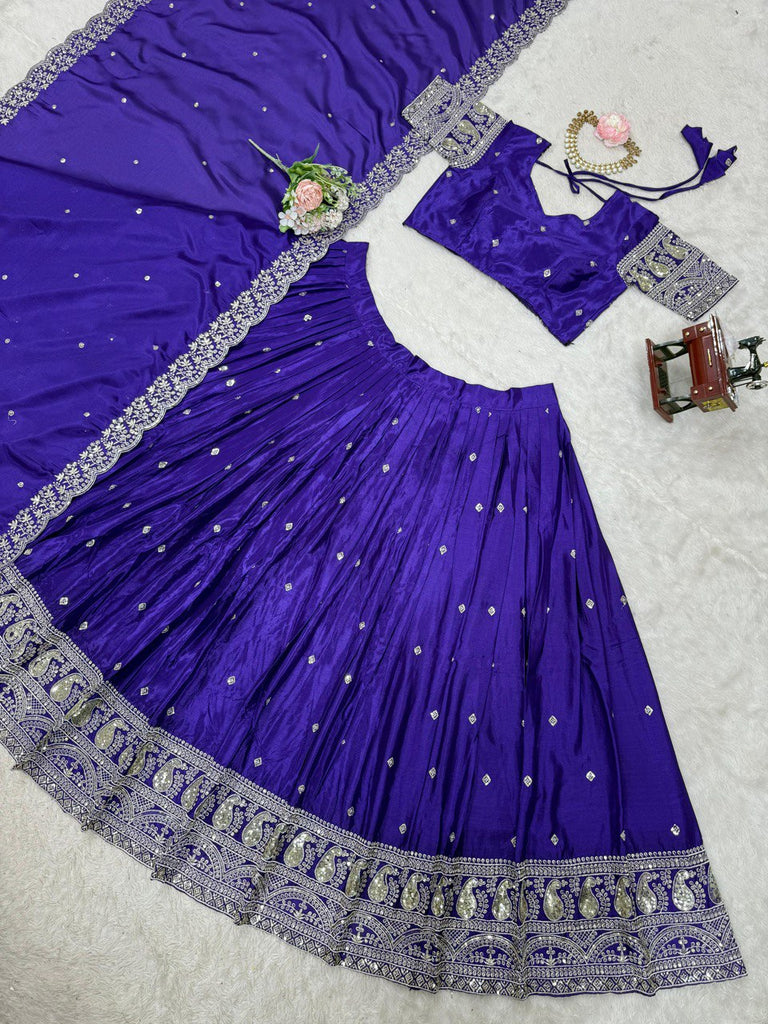 Purple Graceful Chinon Silk Lehenga Set with Sequin Embroidery & Lace-Detailed Dupatta ClothsVilla