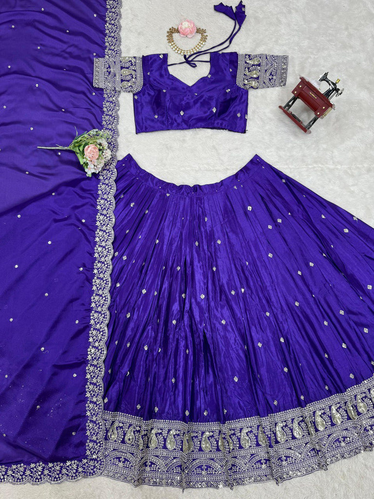 Purple Graceful Chinon Silk Lehenga Set with Sequin Embroidery & Lace-Detailed Dupatta ClothsVilla