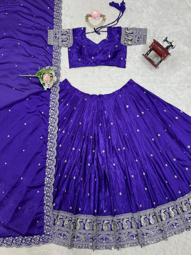 Purple Graceful Chinon Silk Lehenga Set with Sequin Embroidery & Lace-Detailed Dupatta ClothsVilla