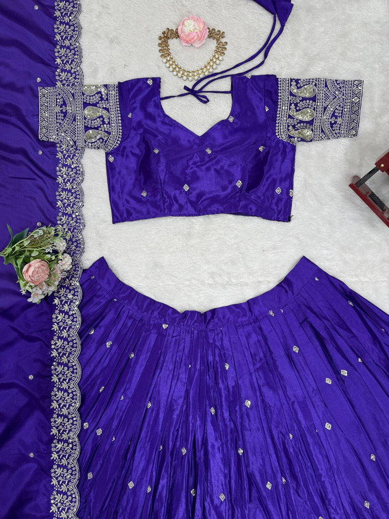Purple Graceful Chinon Silk Lehenga Set with Sequin Embroidery & Lace-Detailed Dupatta ClothsVilla