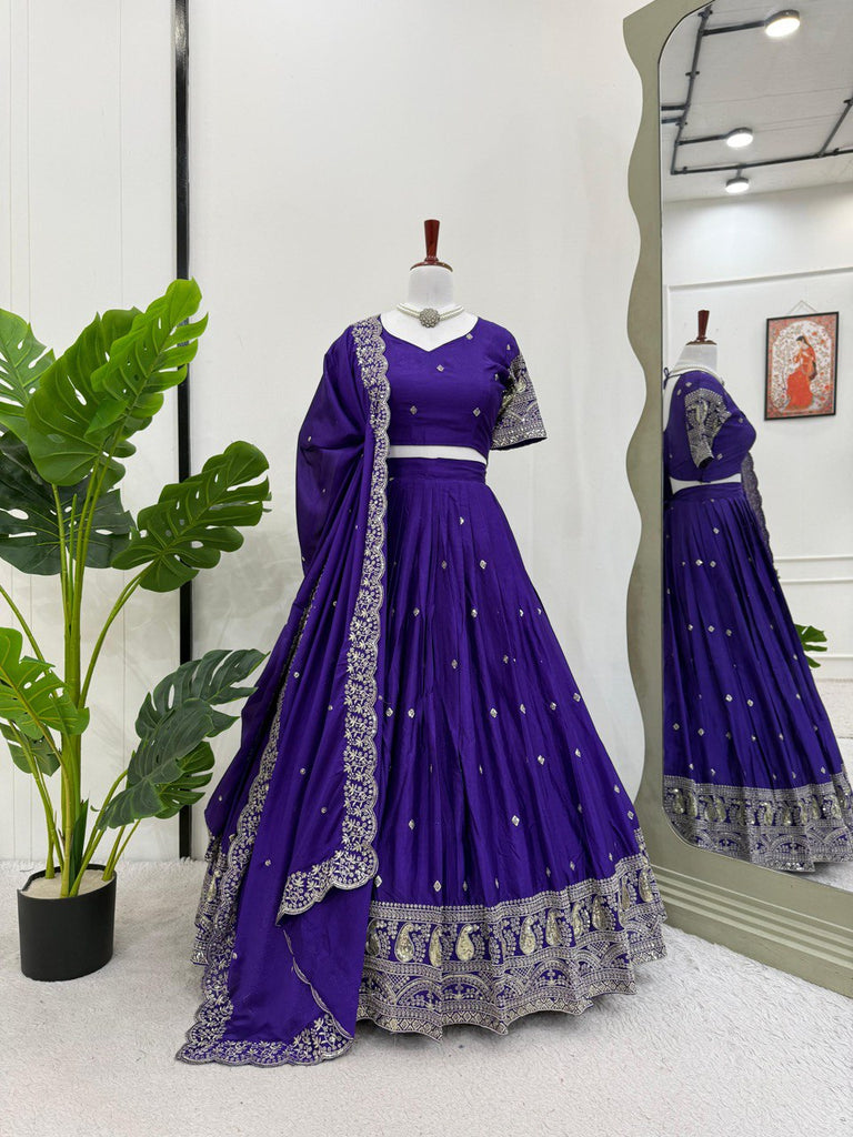 Purple Graceful Chinon Silk Lehenga Set with Sequin Embroidery & Lace-Detailed Dupatta ClothsVilla