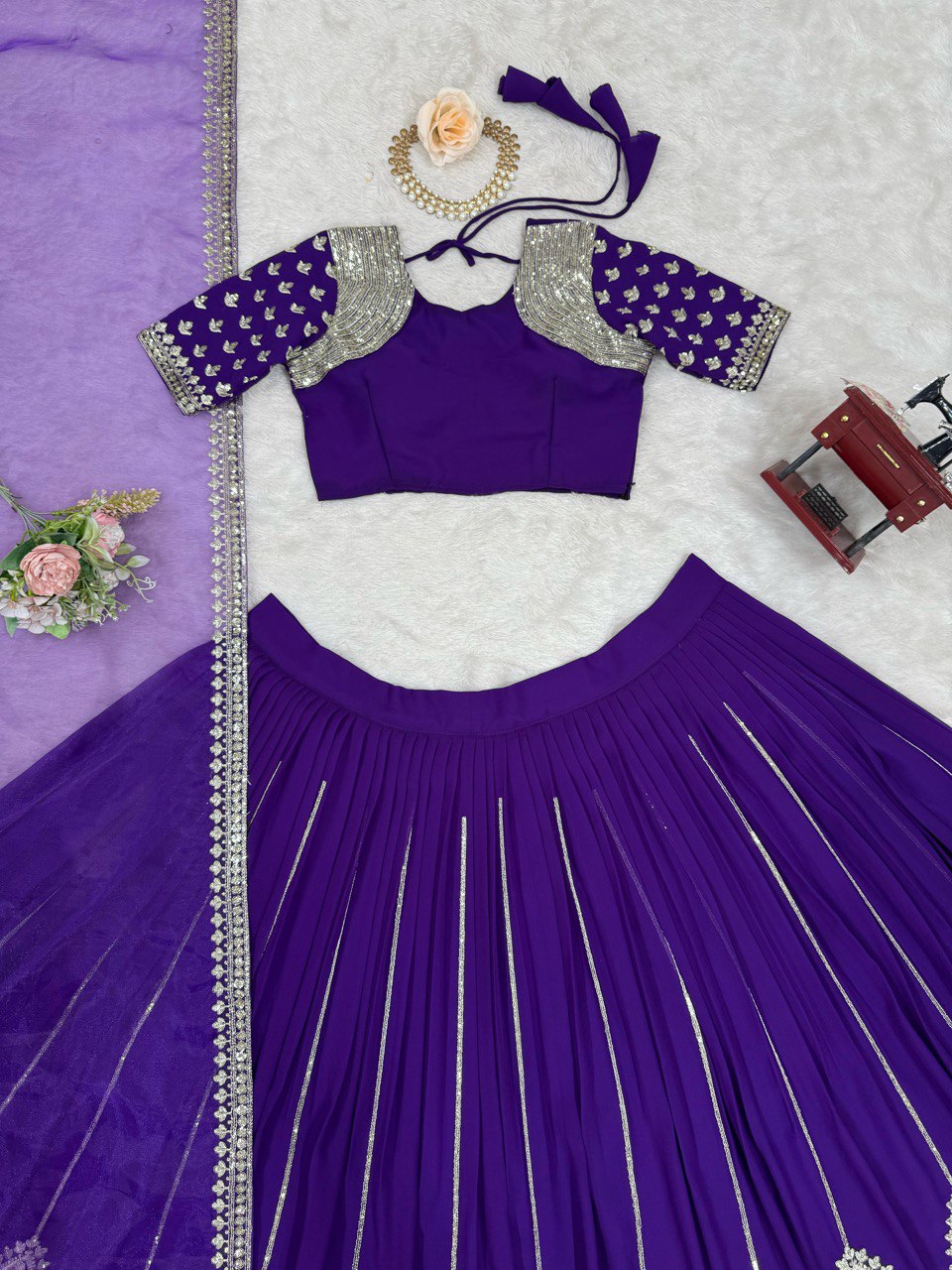 Purple Graceful Faux Georgette Semi-Stitched Lehenga Choli Set with Sequin Embroidery & Dupatta ClothsVilla