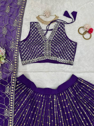 Purple Graceful Fox Georgette Semi-Stitched Lehengha Set with Thread & Sequin Work ClothsVilla