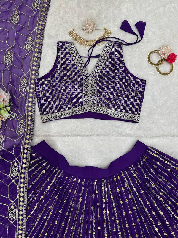 Purple Graceful Fox Georgette Semi-Stitched Lehengha Set with Thread & Sequin Work ClothsVilla