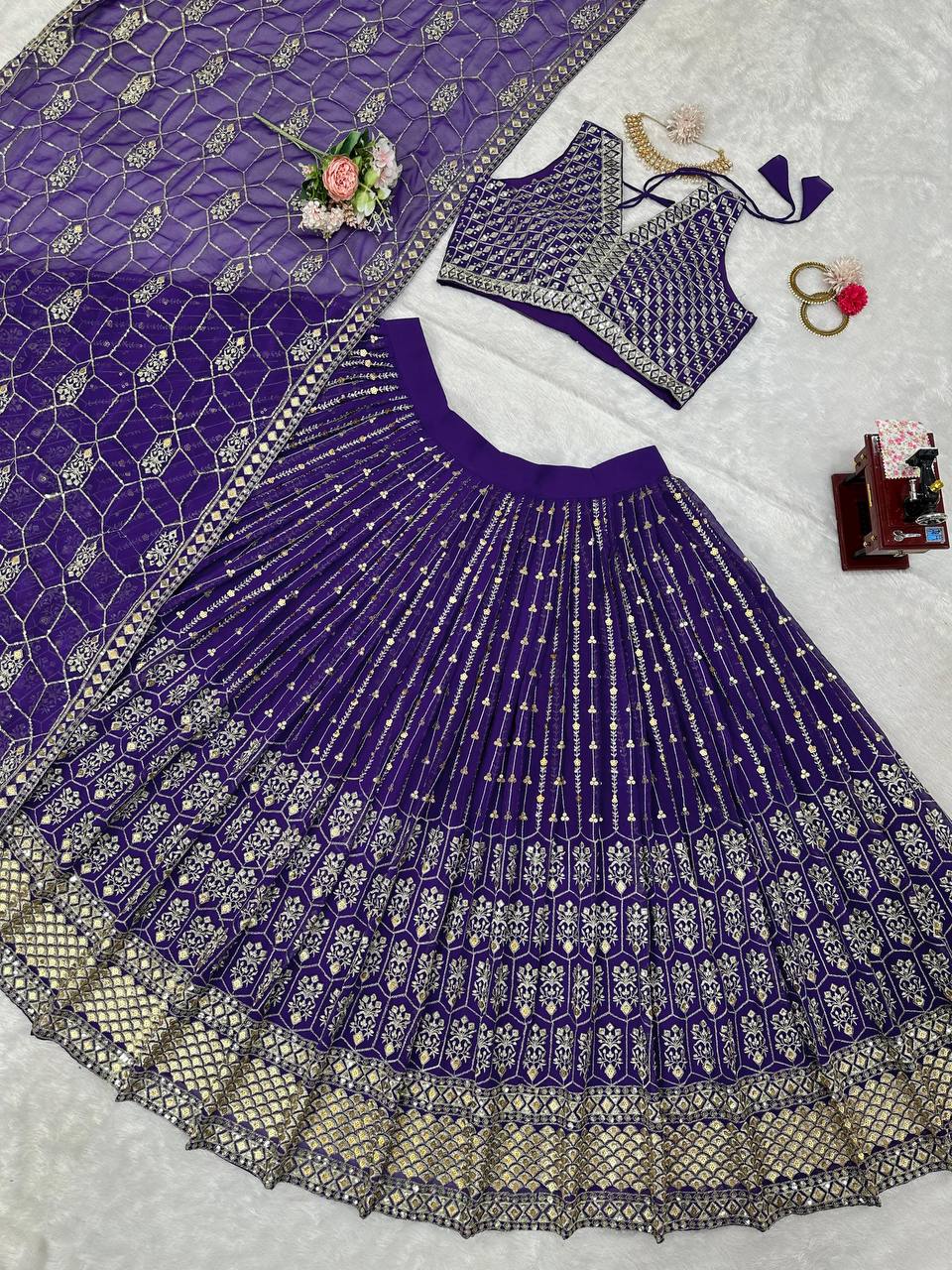 Purple Graceful Fox Georgette Semi-Stitched Lehengha Set with Thread & Sequin Work ClothsVilla