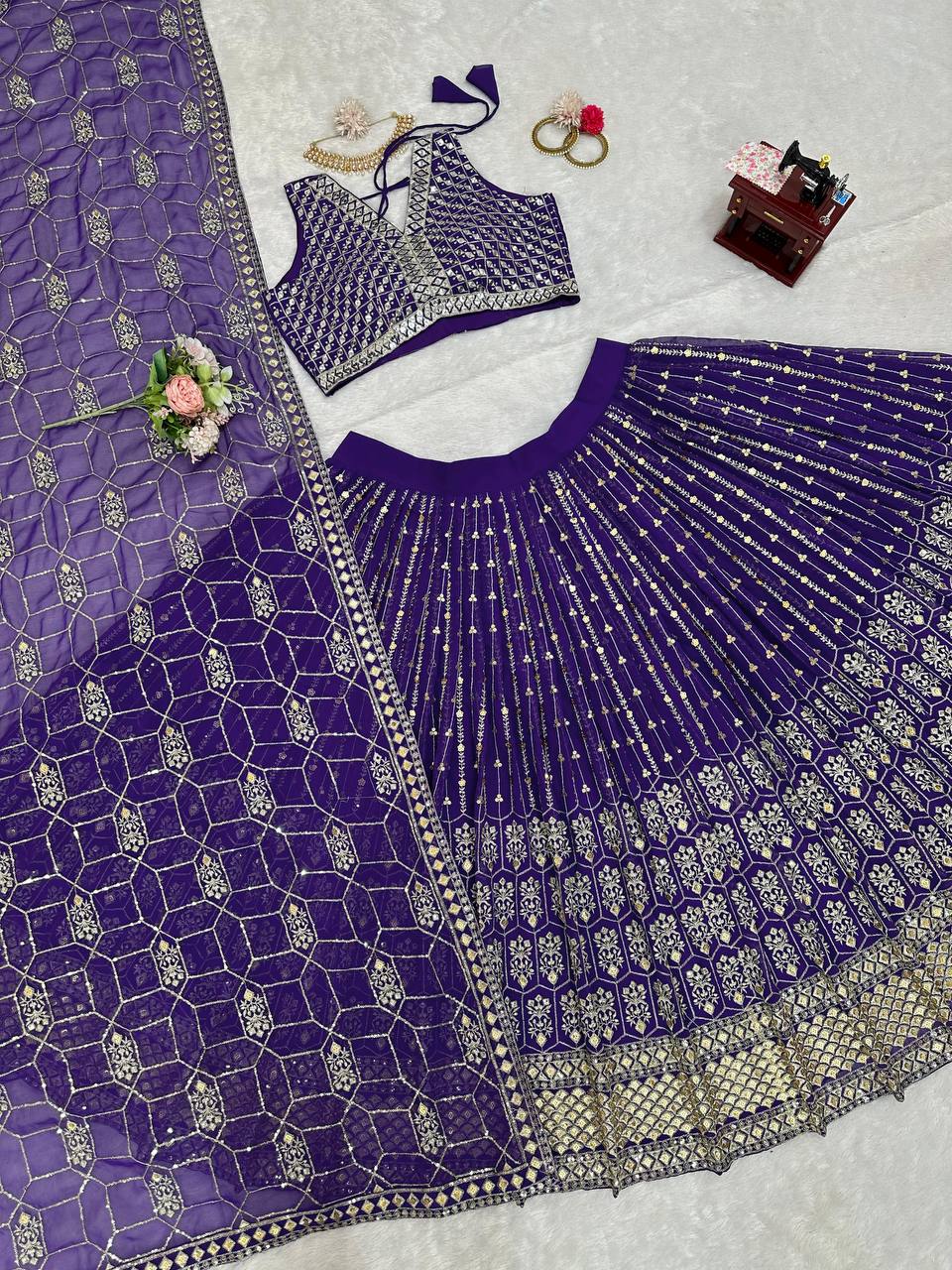 Purple Graceful Fox Georgette Semi-Stitched Lehengha Set with Thread & Sequin Work ClothsVilla