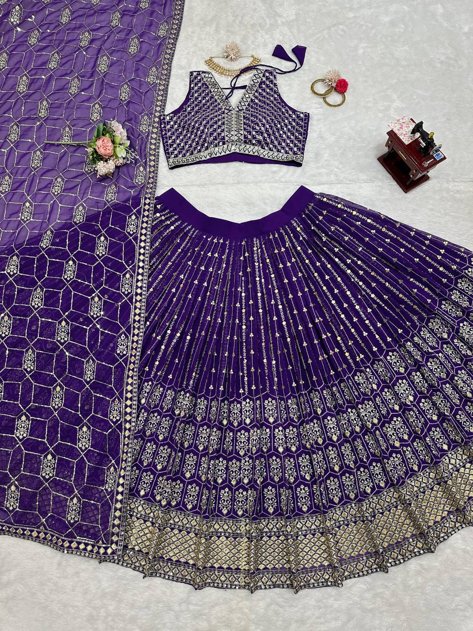 Purple Graceful Fox Georgette Semi-Stitched Lehengha Set with Thread & Sequin Work ClothsVilla