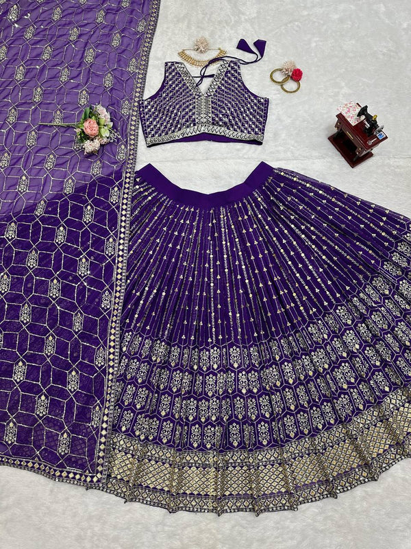 Purple Graceful Fox Georgette Semi-Stitched Lehengha Set with Thread & Sequin Work ClothsVilla