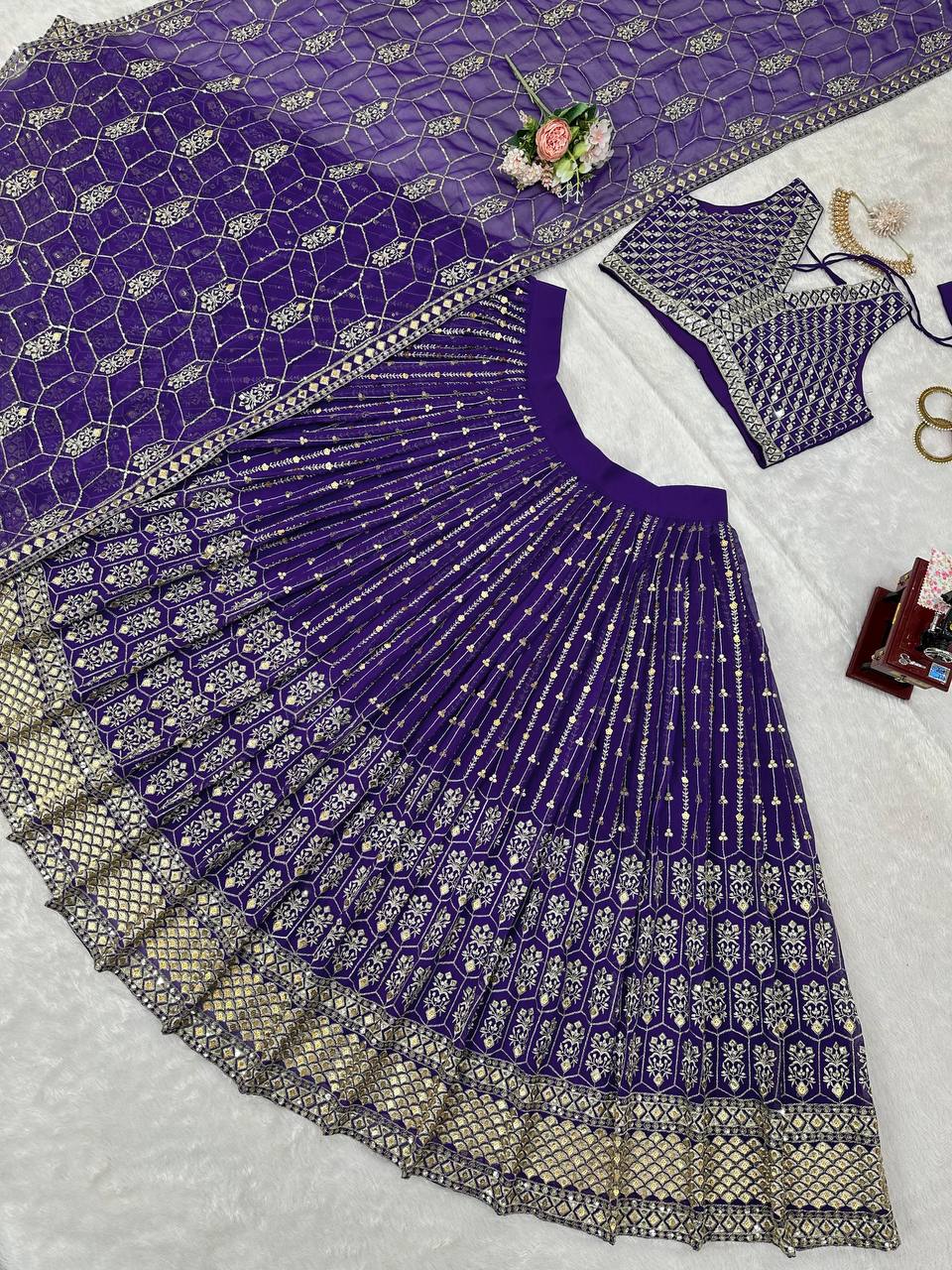Purple Graceful Fox Georgette Semi-Stitched Lehengha Set with Thread & Sequin Work ClothsVilla