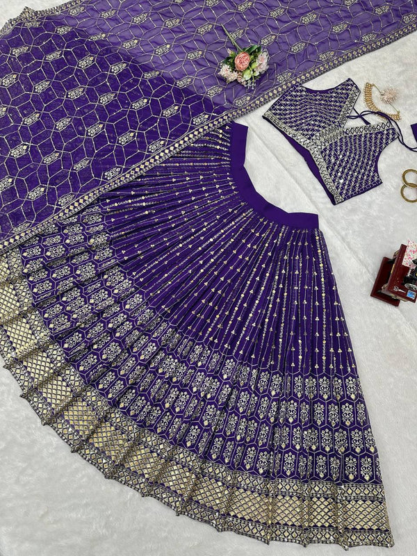 Purple Graceful Fox Georgette Semi-Stitched Lehengha Set with Thread & Sequin Work ClothsVilla