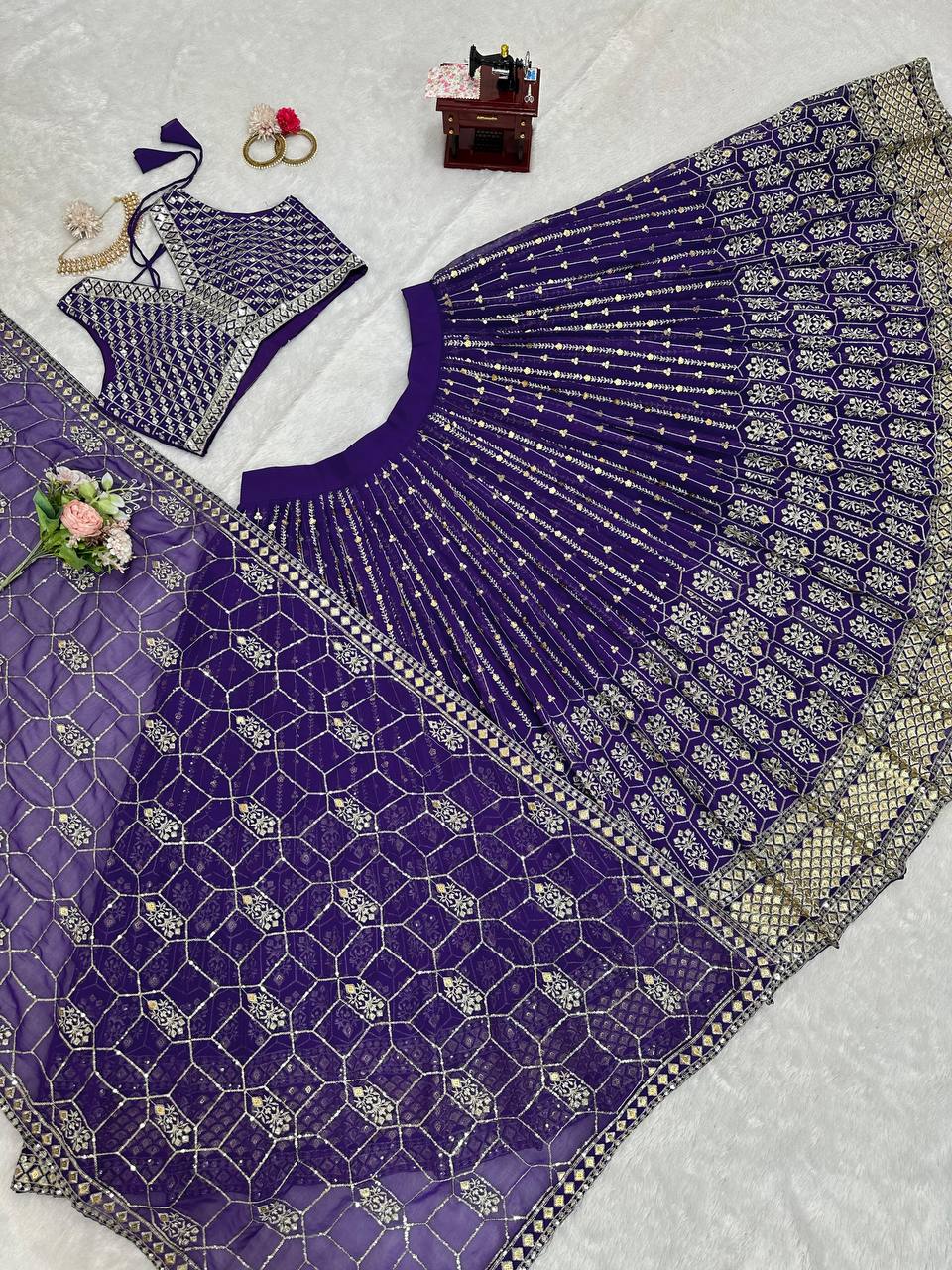 Purple Graceful Fox Georgette Semi-Stitched Lehengha Set with Thread & Sequin Work ClothsVilla
