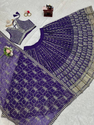 Purple Graceful Fox Georgette Semi-Stitched Lehengha Set with Thread & Sequin Work ClothsVilla