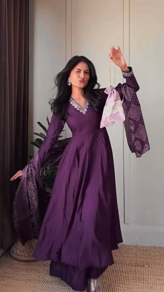 Purple Graceful Jalpari Silk Anarkali Set with Sequins Work & Chinon Silk Dupatta ClothsVilla