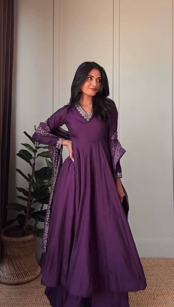 Purple Graceful Jalpari Silk Anarkali Set with Sequins Work & Chinon Silk Dupatta ClothsVilla