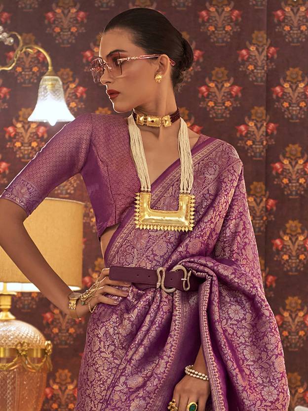 Purple Graceful Kanjivaram Silk Blend Saree – Woven Design ClothsVilla